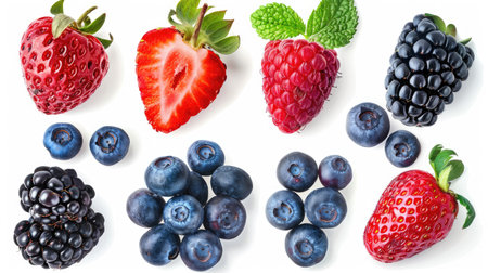 Assorted berries set isolated on a white background, showcasing fresh strawberries, blueberries, raspberries, and blackberriesの素材