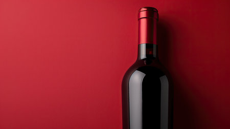 Close-up of a red wine bottle on a vibrant red background, showcasing the label and the wineの素材
