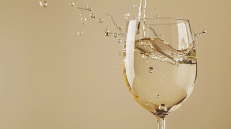 Close-up side view of suspended droplets and splash of white wine in a stylish wineglass, set against a neutral background with ample copy spaceの素材
