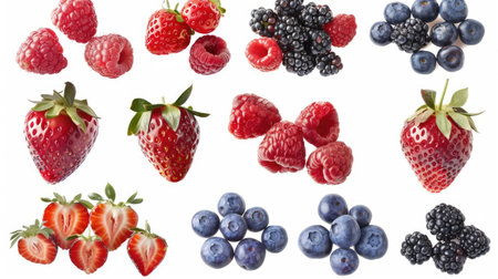 Collection of assorted berries isolated on white background, showcasing fresh strawberries, blueberries, raspberries, and blackberriesの素材