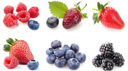 Collection of assorted berries isolated on white background, showcasing fresh strawberries, blueberries, raspberries, and blackberriesの素材