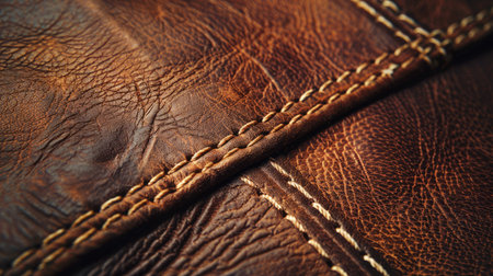 Detailed leather texture featuring a prominent seam, ideal for backgrounds and upholstery conceptsの素材