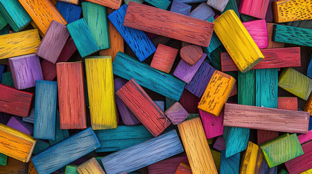 Colorful wooden bricks used in Montessori education, arranged randomly to create a seamless pattern designの素材