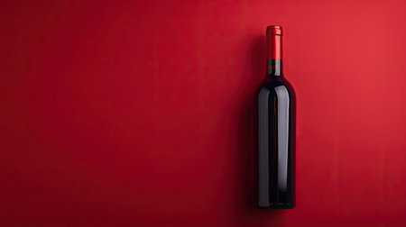 Detailed shot of a red wine bottle on a vivid red background, capturing the richness of the wine and the elegance of the bottleの素材