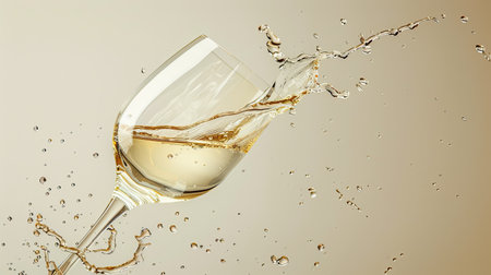 Close-up side view of a stylish wineglass with white wine splashing and droplets mid-air, on a neutral backdrop with ample copy spaceの素材
