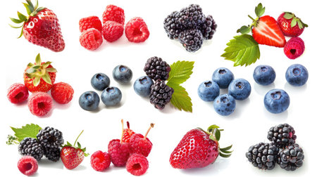 Fresh berries assortment isolated on white background, featuring strawberries, blueberries, raspberries, and blackberries in a vibrant setの素材