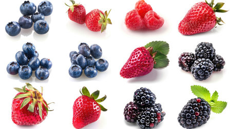 Fresh berries collection isolated on white background, featuring a mix of strawberries, blueberries, raspberries, and blackberriesの素材