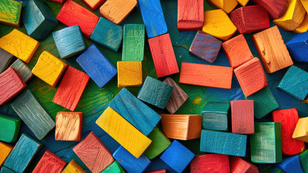 Montessori construction materials in vibrant colors, randomly placed wooden bricks forming a seamless pattern designの素材