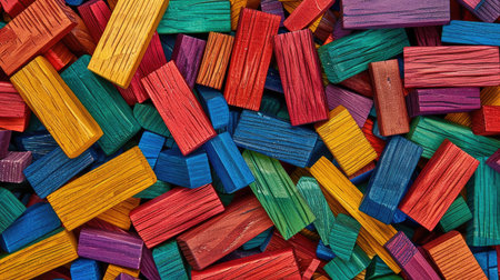 Montessori wooden bricks, brightly colored and randomly arranged, forming a seamless pattern perfect for educational themesの素材