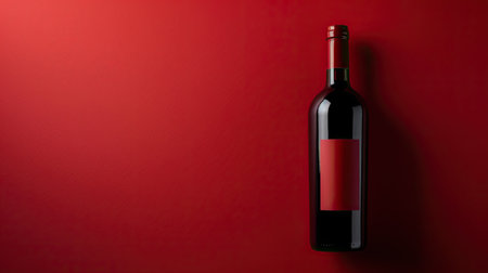 Red wine bottle displayed on a red background, with focus on the label and wine color, perfect for sophisticated wine promotionの素材