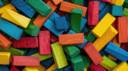 Montessori wooden bricks, brightly colored and randomly arranged, forming a seamless pattern perfect for educational themesの素材