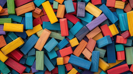 Montessori wooden bricks in assorted colors and shapes, creating a random, seamless pattern for educational designsの素材