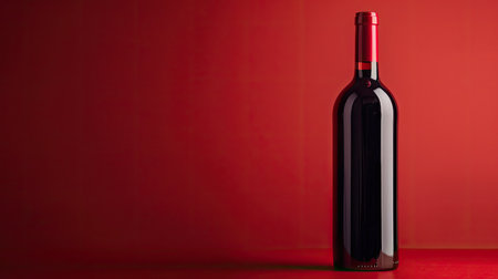 Red wine bottle set against a red background, showcasing the bottle design and the rich red tone of the wine for elegant marketingの素材