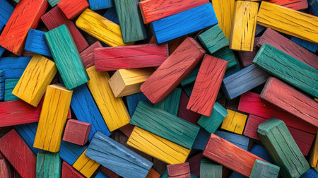 Seamless pattern design of colorful wooden Montessori construction bricks, arranged randomly for an engaging visual effectの素材