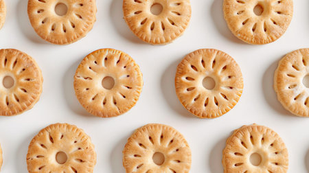 White background featuring round biscuits with a hole in the middle, highlighting their texture and design for food photographyの素材