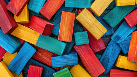 Seamless pattern of colorful wooden bricks used in Montessori education, randomly placed to form a vibrant designの素材