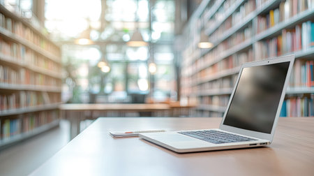 Workspace tabletop with a portable notebook laptop, stationery, and ample copy space. Blurred office or library background.の素材