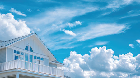 Coastal style house close-up against a blue, cloudy sky. Features generous copy space for real estate and home design content.の素材