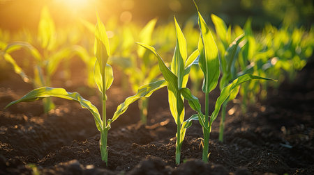 Young corn plants growing in a sunlit field, selective focus on green leaves and healthy growth. Perfect for farm and nature themes.の素材
