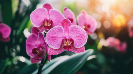 Close-up of a stunning pink orchid (Phalaenopsis) blooming in a garden. Perfect for floral and nature-themed content.の素材