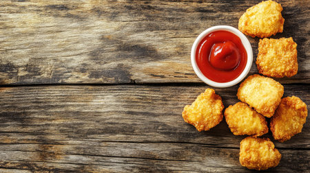 Chicken nuggets with ketchup on a rustic wooden background, with ample space for copy. Perfect for menu items or snack advertisements.の素材