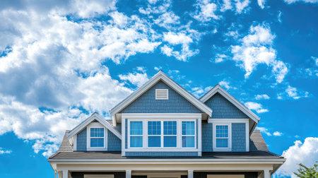 Close-up shot of a coastal-style house with a beautiful blue sky and clouds. Includes plenty of copy space for home and design content.の素材