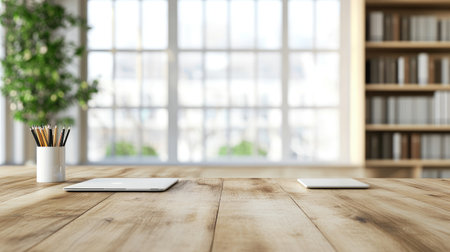 Desk with a notebook laptop and stationery, providing ample copy space. Blurred office or library background for a professional touch.の素材