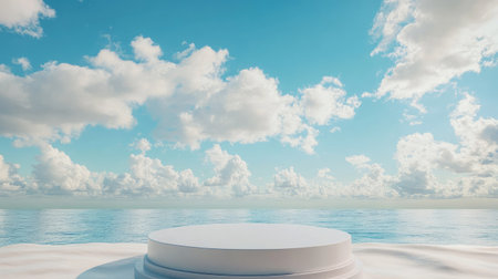 Elegant 3D podium on a beach with ample copy space, under a blue sky with white clouds. Perfect for showcasing products.の素材