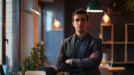 Young businessman in a startup environment, with ample copy space for business concepts or ideas. Ideal for entrepreneurial content.の素材