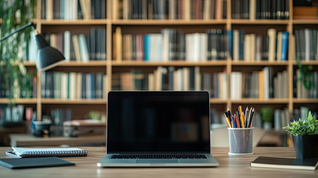 Desk with a laptop, stationery, and plenty of copy space, set against a blurred office or library backdrop. Ideal for productivity themes.の素材