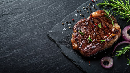 Grilled ribeye beef steak with rosemary and marinated onion on a black stone table, with ample copy space for text. Perfect for gourmet food themes.の素材