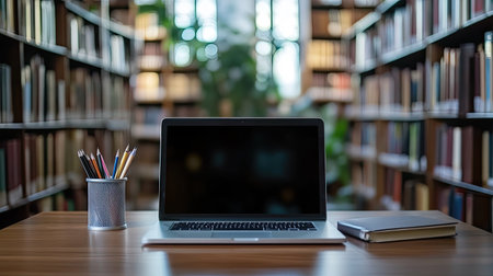 Desk with a laptop, stationery, and plenty of copy space, set against a blurred office or library backdrop. Ideal for productivity themes.の素材