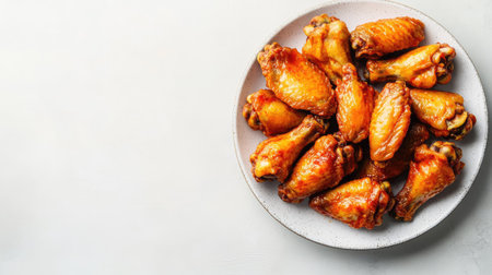 Hot and spicy Buffalo chicken wings on a plate, laid over a white stone background with copy space. Top view, flat lay.の素材