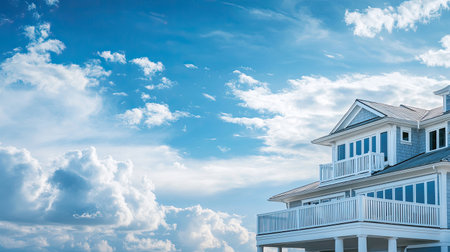 Close-up of a coastal style house under a blue, cloudy sky, with ample copy space. Perfect for showcasing seaside architecture and design.の素材