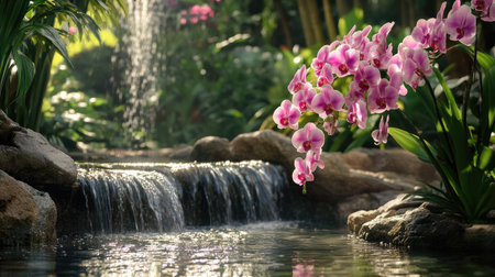 Beautiful pink Phalaenopsis orchids in a serene garden. Perfect for showcasing floral elegance and natural garden settings.の素材