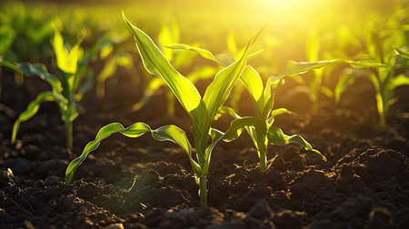 Young corn plants basking in sunlight on a field, with selective focus highlighting their growth. Great for farming and nature themes.の素材