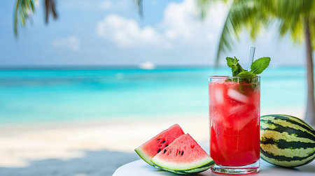 Watermelon slices and a refreshing mint cocktail on a white table, with a blurred background of sandy beach and blue sky.の素材
