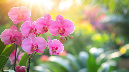 Vibrant pink Phalaenopsis orchids thriving in a garden setting. Great for highlighting floral beauty and garden aesthetics.の素材