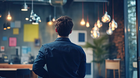 Startup business concept with a young entrepreneur, featuring extensive copy space for showcasing new ventures and ideas.の素材