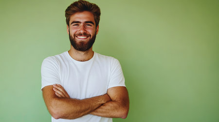 Waist-up shot of a bearded young man with a friendly smile and crossed arms, set against a pastel green backdrop. Clean and minimal look.の素材