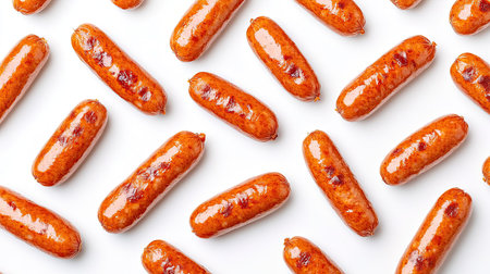 Pattern of crispy fried red sausages, delicious and golden-brown on whiteの素材