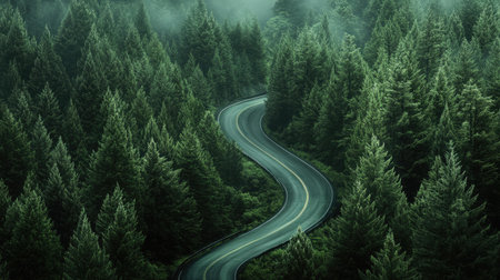 Roadside scenery featuring a winding road through a dense pine forestの素材