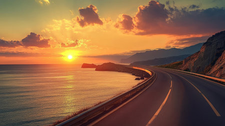 Scenic view of a coastal highway with a sunset over the oceanの素材