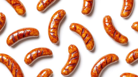 Pattern of crispy fried red sausages, appetizing and golden-brown on whiteの素材