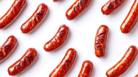 Pattern of crispy fried red sausages, delicious and golden-brown on whiteの素材