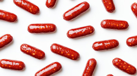 Pattern of crispy fried red sausages, appetizing and crunchy on whiteの素材