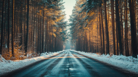 Scenic view of a road through a pine forest with snow on the groundの素材
