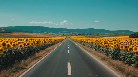 Scenic view of a rural highway with expansive sunflower fields under a clear skyの素材