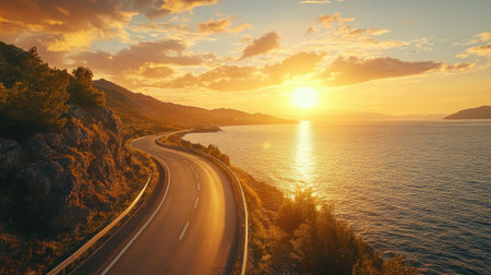 Scenic view of a highway by the sea with a sunset casting golden lightの素材