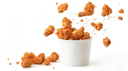 Tasty fried chicken pieces soaring from a bucket, isolated on white background with a clipping path, perfect for fast-food promotionsの素材